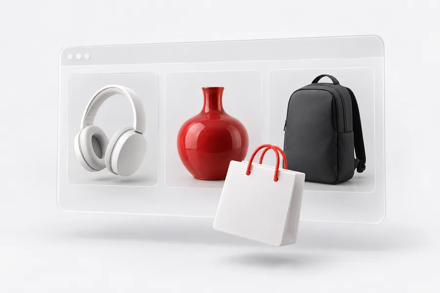 Composición de una tienda digital con productos y una bolsa de compra.